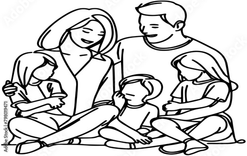 Continuous one black line art drawing happy family father and mother with child