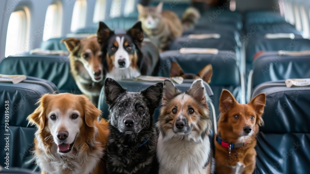 Pets on Board: Cats and Dogs Flying in Airplane Cabin. Cats and dogs comfortably seated in airplane cabin chairs, embodying the concept of pet transportation, relocation, and emigration.