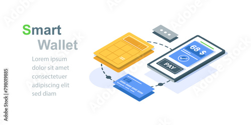 Smart wallet smartphone application for contactless internet payment counting and analyzing finance landing page isometric vector illustration