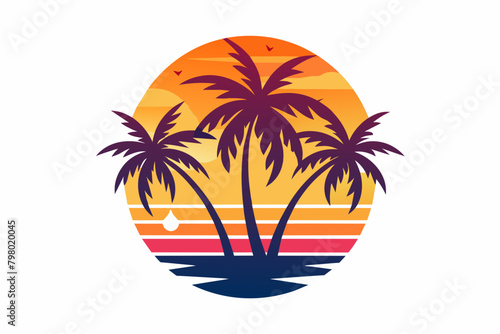 Craft a striking logo featuring a Hawaiian sunset, palm treesrant hues, set against a clean Minimalist Vector Illustration 