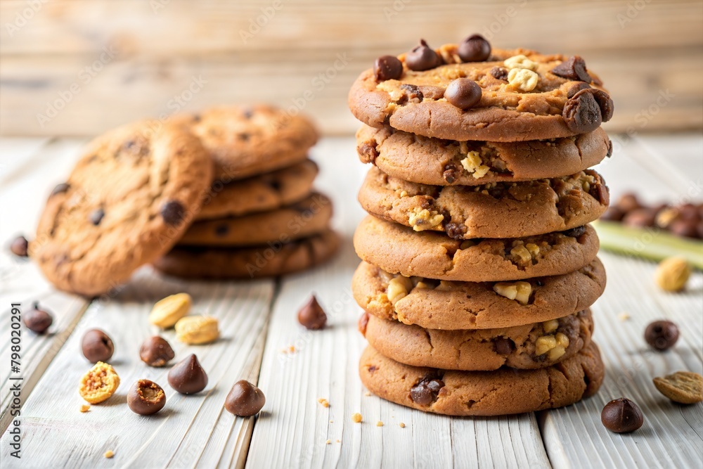 stack of freshly baked homemade chocolate chip cookies on a white wooden table stack of freshly baked homemade chocolate chip cookies on a white wooden table