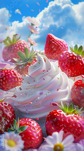Food illustration, ripe strawberries with cream and splashes of juice. Unusual background. Looks unusual and tasty, Restaurant menu.