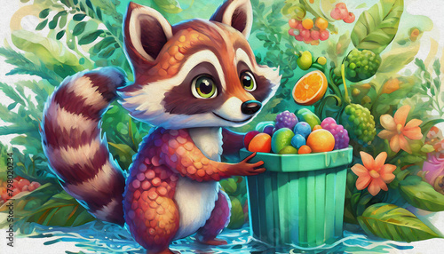 oil painting style CARTOON CHARACTER CUTE A mischievous raccoon rummaging through a trash can., photo