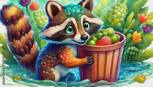 oil painting style CARTOON CHARACTER CUTE A mischievous raccoon rummaging through a trash can., photo