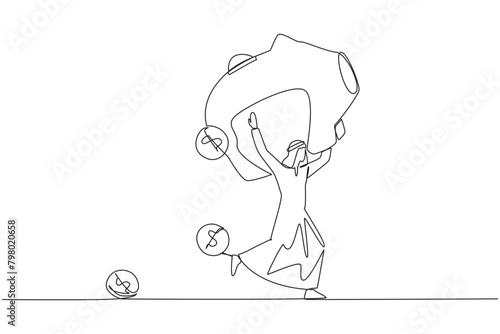 Single continuous line drawing Arabian businessman running lifting big piggy bank on shoulders. Dollar symbol coin falling. Financial conditions were volatile. One line design vector illustration