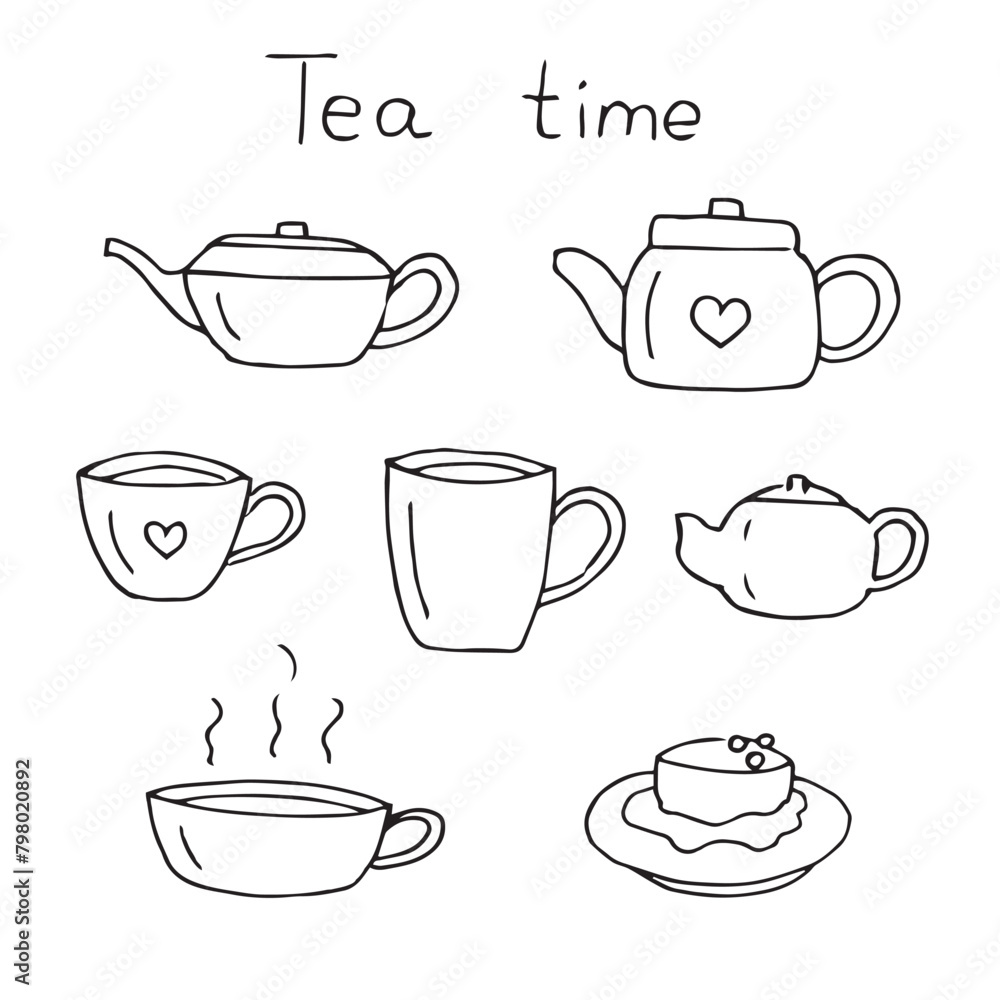 Tea time, set of dishes, vector illustration hand drawn doodles