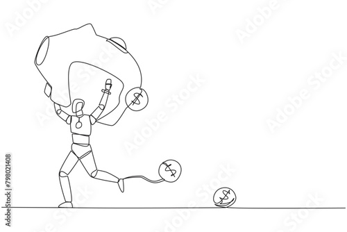 Single continuous line drawing robot running lifting piggy bank on shoulders. Dollar symbol coin falling. Algorithms detect financial leaks. Save it immediately. One line design vector illustration