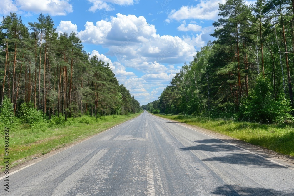 Blue Sky Road. Empty Highway in the Green Forest Landscape under Summer Sky