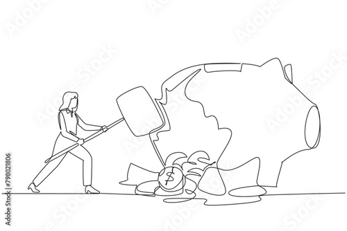 Continuous one line drawing businesswoman hit big piggy bank with big hammer until it cracked. Coins scattered around. Financial difficulties. Take savings. Single line draw design vector illustration