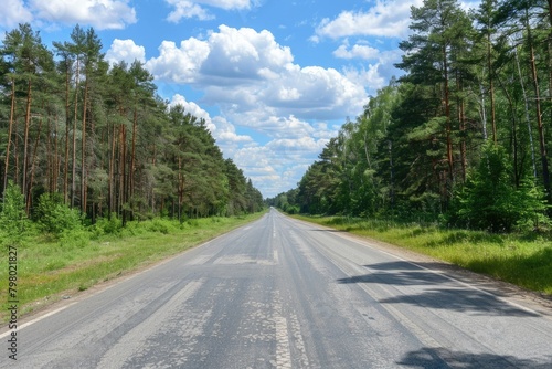 Blue Sky Road. Empty Highway in the Green Forest Landscape under Summer Sky © AIGen