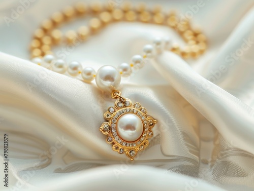 Vintage Gold Jewelry. Luxurious Necklace with Pearls and Pendant on White Background