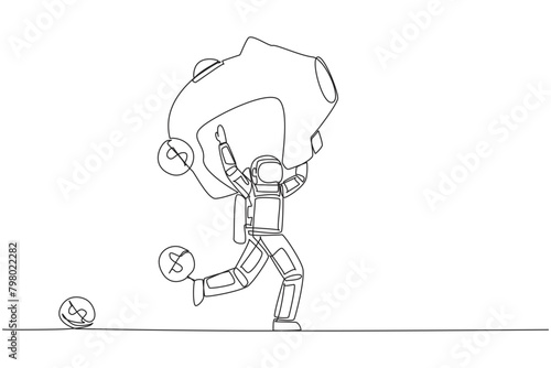 Continuous one line drawing astronaut running lifting piggy bank on shoulders. Dollar symbol coin falling. Investment value is uncertain. Save profits. Single line draw design vector illustration