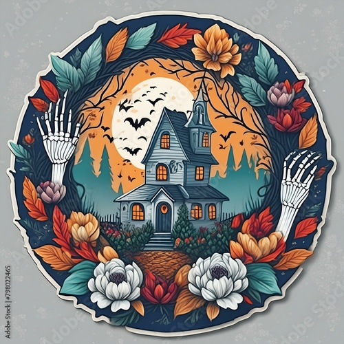 ircular Floral Wreath Stickers depicting a haunted mansion photo