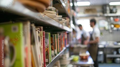 Hazy shelves stacked with cookbooks and es as aspiring chefs intently listen to their instructors lesson on flavor profiles and cooking techniques in a defocused culinary classroom. . photo