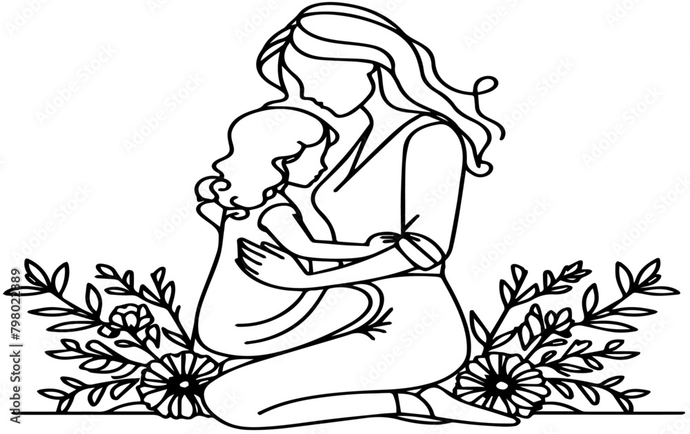 International Women's Day card, woman holding her daughter in heart with continuous one black outline line drawing Happy mothers day International Women's Day card, woman holding her daughter in heart with continuous one black outline line drawing Happy mothers day
