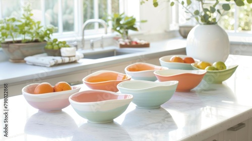 Wallpaper Mural A set of ceramic fruit bowls in a gradient of pastel colors bringing a touch of whimsy to any kitchen counter.. Torontodigital.ca