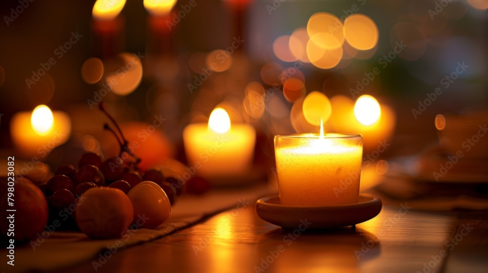 A candlelit dinner table with a of clay votive holders casting a warm glow over the meal.. A candlelit dinner table with a of clay votive holders casting a warm glow over the meal..