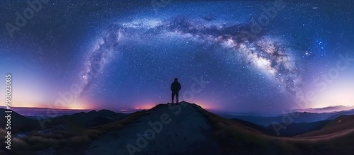 Milky Way arch and man on the mountain peak at starry night. Silhouette of alone guy, blue sky with bright stars in summer. Galaxy in the starry sky. Beautiful summer night in the mountains.
