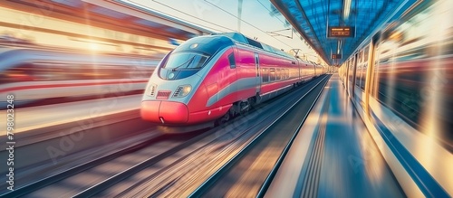 High speed train in motion on the railway station at sunset. Fast moving modern passenger train on railway platform. Railroad with motion blur effect. Futuristic high speed train. photo