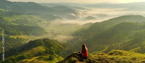 Girl on mountain peak with green grass looking at beautiful mountain valley. Landscape with sporty young woman, foggy hills, forest, sky. Hiking. Earth day. Beautiful nature.