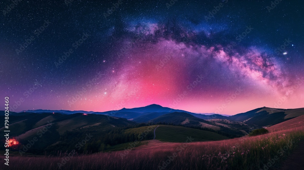 The Milky Way and pink light in the mountains. Night colorful landscape. Starry sky with hills in summer. Beautiful Universe. Summer night beautiful scenery with the stars.