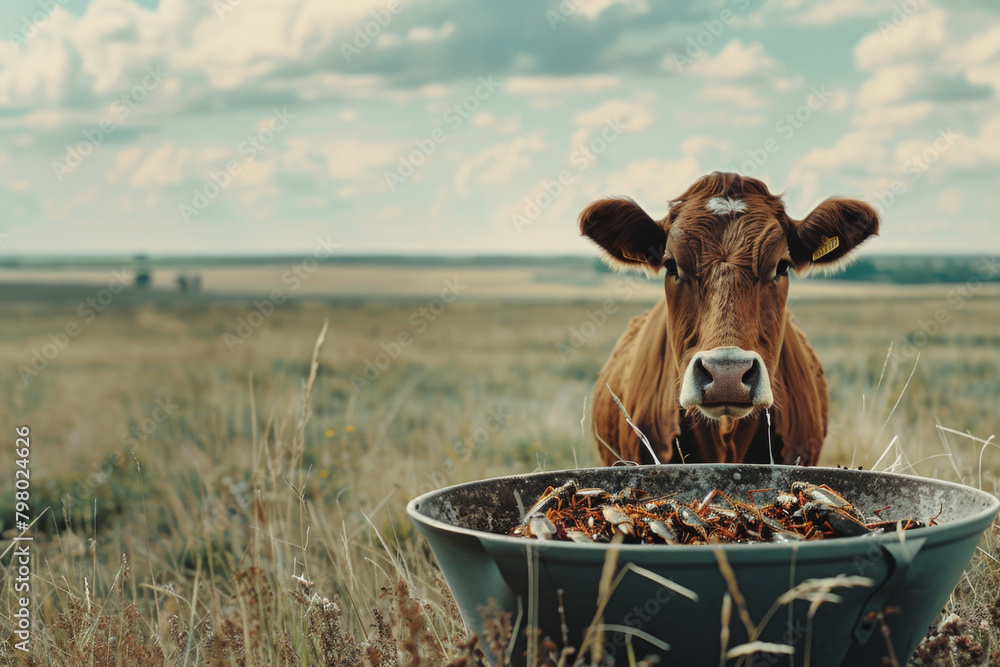 A framed photo featuring a beef cow and a bunch of edible insects in a ...