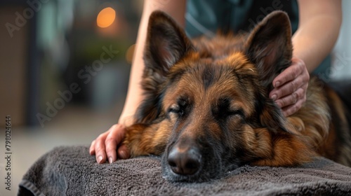 Woman hand on head of German shepherd dog sleeping under the blanket at home. photo