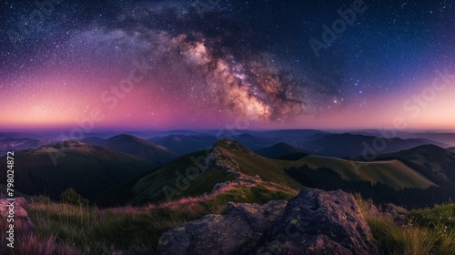 The Milky Way and pink light in the mountains. Night colorful landscape. Starry sky with hills in summer. Beautiful Universe. Summer night beautiful scenery with the stars.