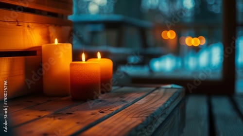 The soft glow of candles and the sound of nature playing in the background creating a calming ambiance in the sauna room..