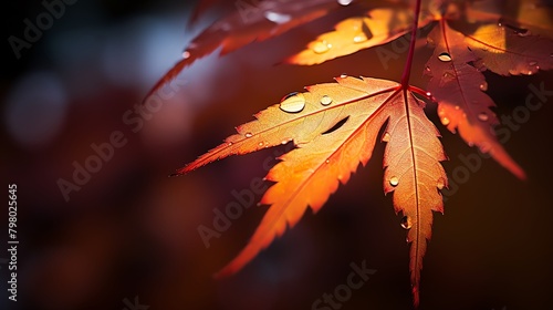 A close up photo of a red maple leaf with water droplets on it. photo