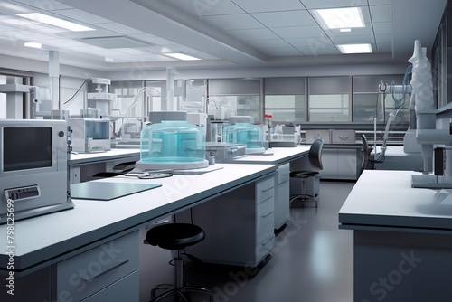 A laboratory with white walls and gray counters. There are various pieces of scientific equipment on the counters, including microscopes, centrifuges, and beakers.