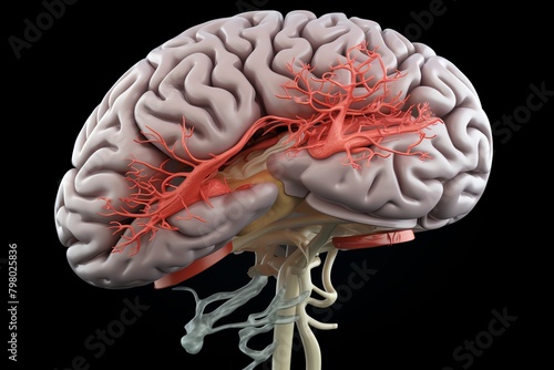 An illustration of a human brain with detailed blood vessels.