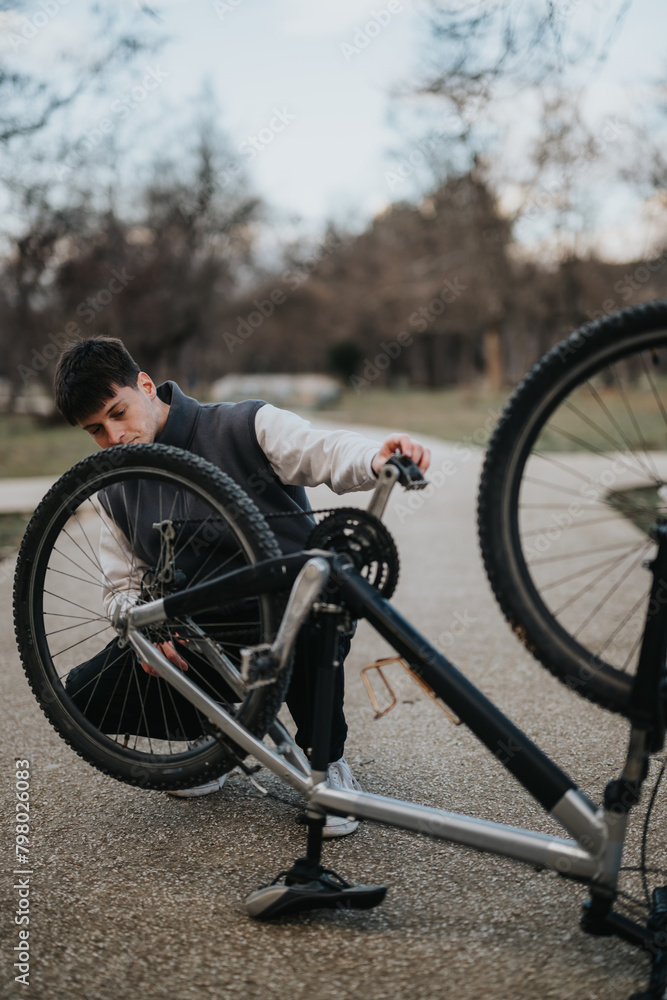 Fototapeta premium Casual male teenager takes a break to repair his bike in the park, showcasing a moment of independence and problem-solving skills.