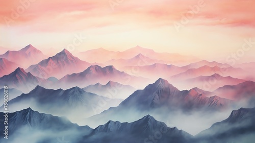 Misty mountains at sunset in shades of pink, purple and blue