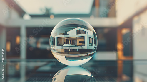 Transparent glass sphere in sharp focus. housing a mockup miniature futuristic house crafted from paper 