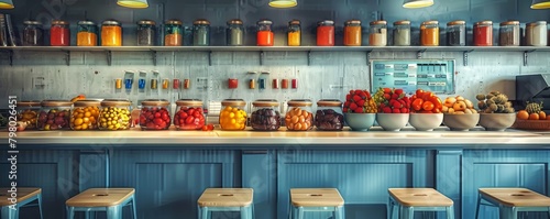 Modern school cafeteria with colorful fresh fruits and preserved products photo