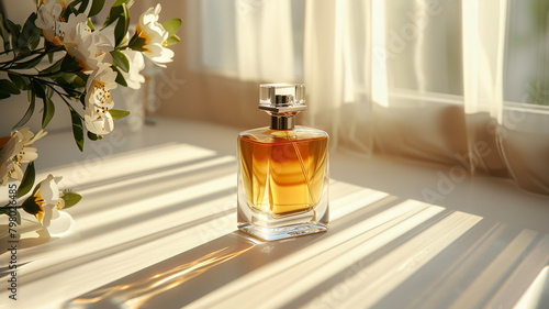 Glass perfume bottle with golden liquid sits on a white surface, with a bouquet of flowers nearby, bathed in soft sunlight streaming through sheer curtains, casting intricate shadows