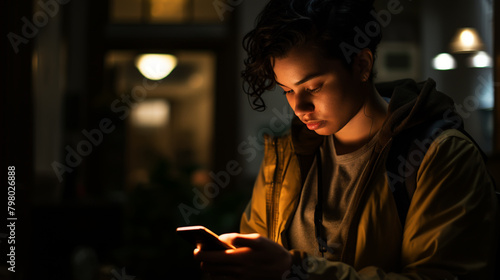 Young mobile phone addict man awake at night using smartphone for chatting, flirting and sending text message.