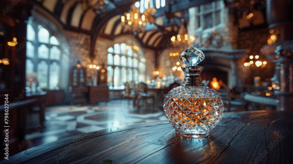 Elegant crystal decanter with intricate geometric patterns placed on a wooden table in a luxurious dining hall, with chandeliers and arched windows illuminating the grand, ornate space