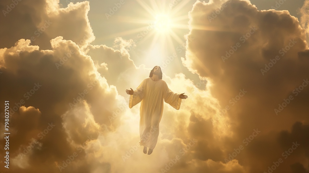 Jesus Christ with open arms reaching out in the sky, hand gestures of Jesus dying on the cross and resurrected. Jesus Christ looking at the blue sky and praying to God. Ressurected Jesus Jesus Christ with open arms reaching out in the sky, hand gestures of Jesus dying on the cross and resurrected. Jesus Christ looking at the blue sky and praying to God. Ressurected Jesus