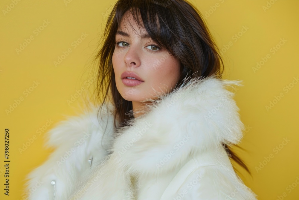 White Fur. Confident Young Woman in Fur Coat Standing Against Yellow Background White Fur. Confident Young Woman in Fur Coat Standing Against Yellow Background