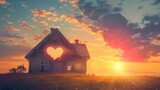 Live In Home. Romantic Day with Heart-Shaped House Against Nature Sky Background