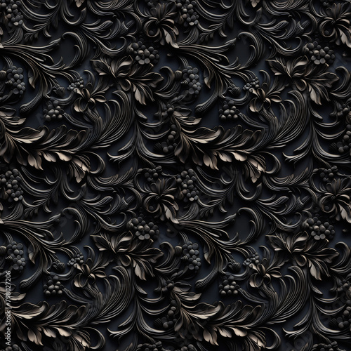 Black and white seamless pattern with classic flower and foliage ornament. Seamless texture background.
