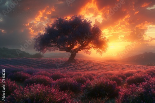 Lavender fields with tree on sunset.