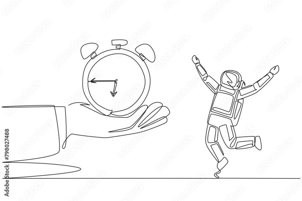 Single one line drawing astronaut excited to get alarm clock from the ...