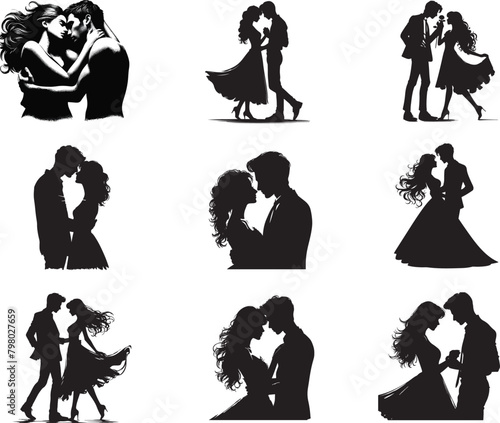 romantic couple silhouette black color . white color background 