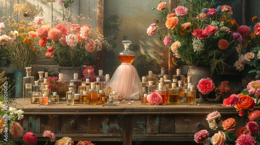 An arrangement of assorted perfume bottles on a rustic wooden table, surrounded by a diverse collection of colorful flowers, creating a vibrant and aromatic scene