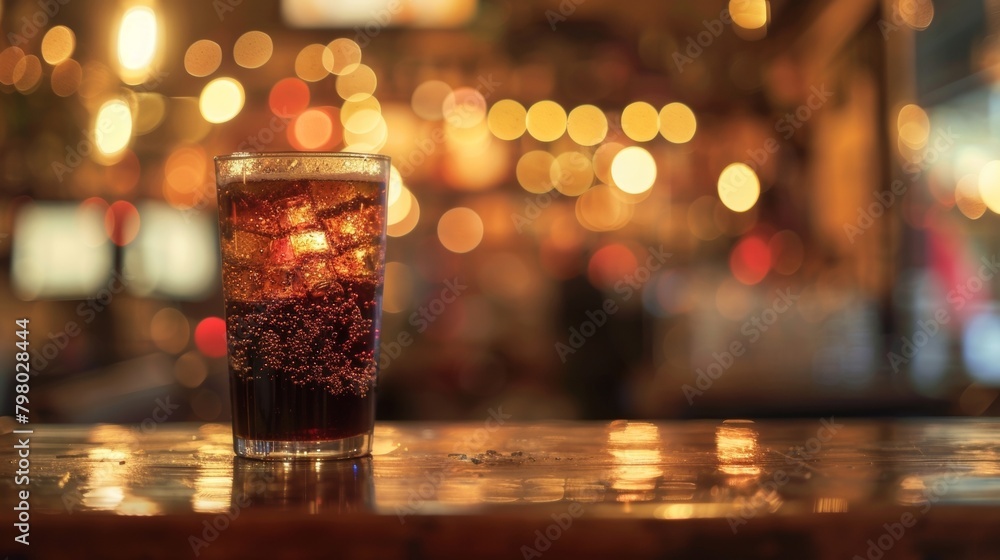 Soft bokeh lights and outoffocus reflections dance across a blurred kitchen counter where a glass of cherry soda sits waiting to be served in a cozy vintage cafe. .