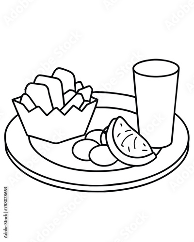 Kids Meal Line Art for Coloring Book: Fried Nuggets, Chips, Lemon Slice, and Drink on a Plate Outline
