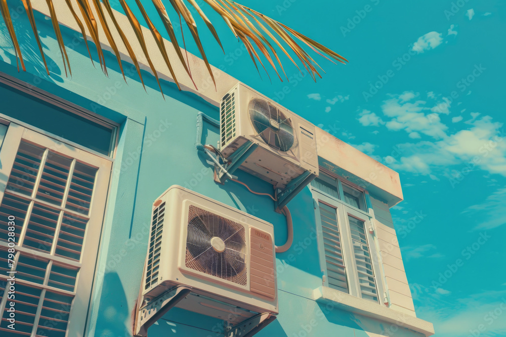 Obraz premium A heat pump installed on a facade, illustrating energy-efficient heating or cooling technology integrated into a building's exterior.